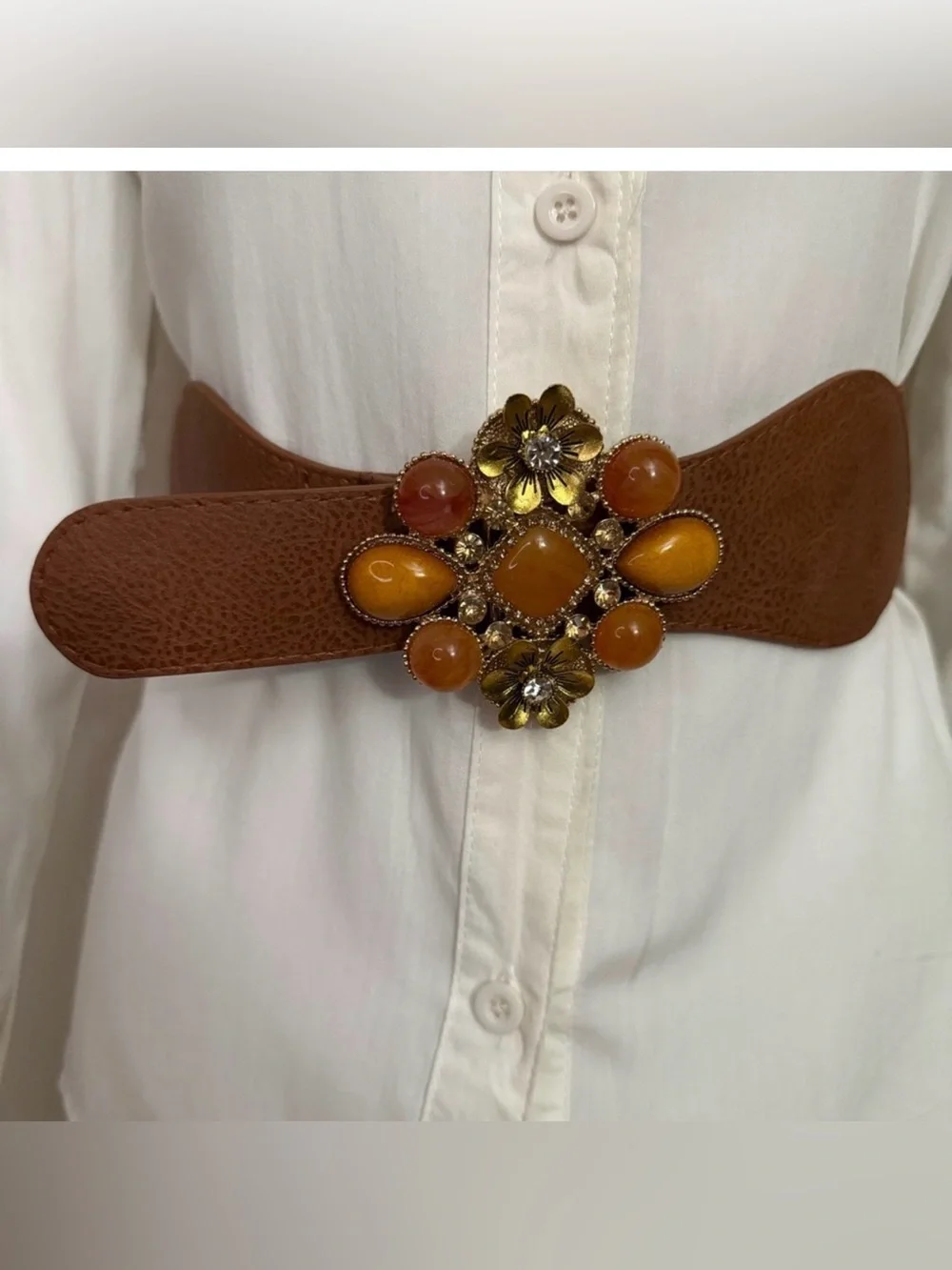 Brown PU leather elastic waistband belt with gold tone buckle